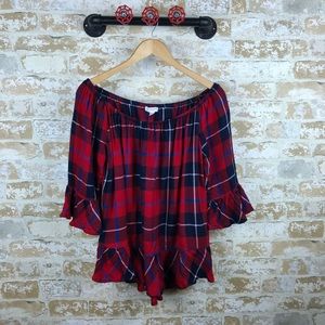 BeachLunchLounge Plaid Ruffle off the Shoulder Cozy Boho Flannel blouse WomansXL